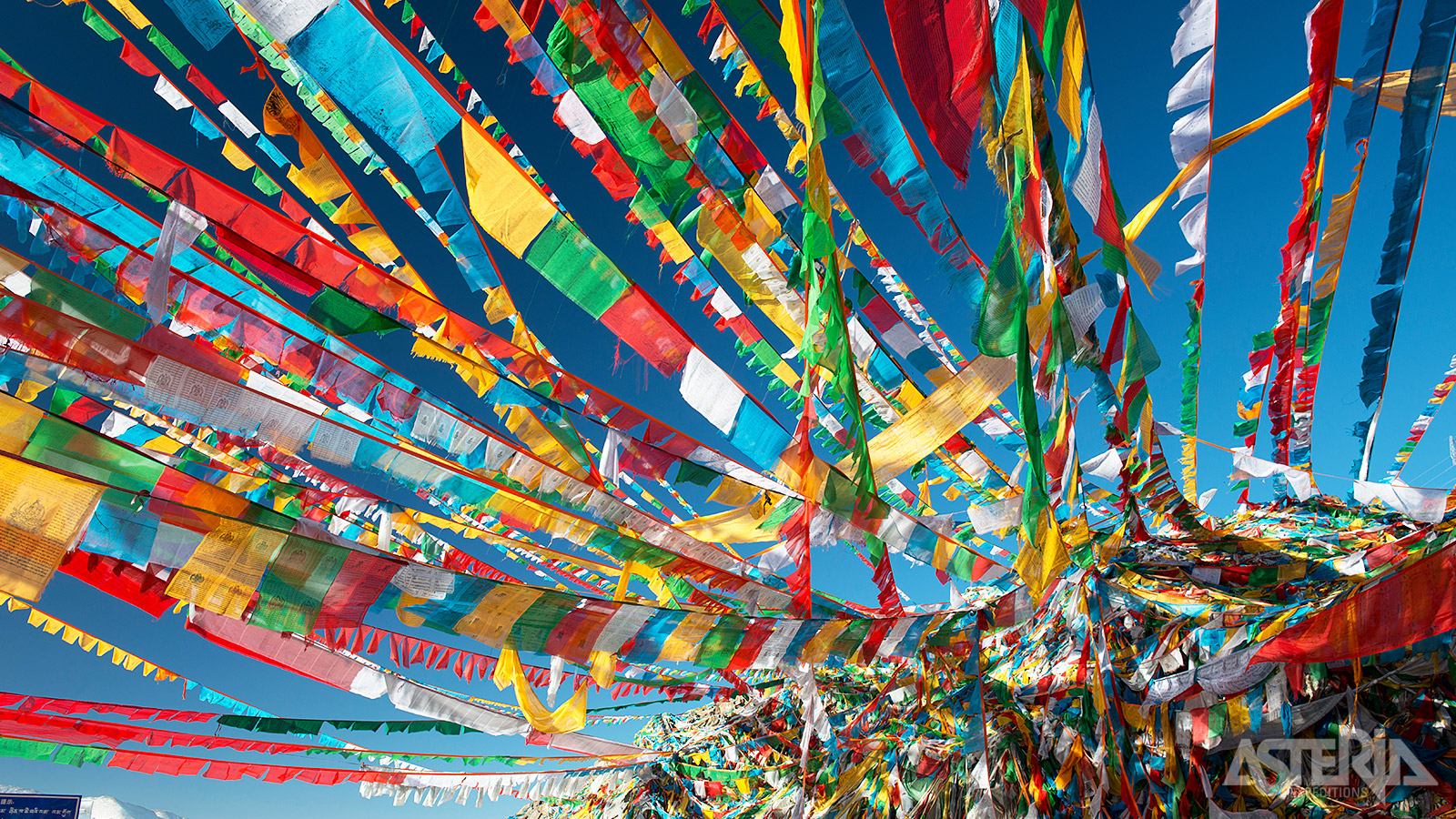 Kleurrijke gebedsvlaggetjes in Bhutan: blauw symboliseert lucht, wit staat voor water, rood voor vuur, groen voor wind & geel voor aarde