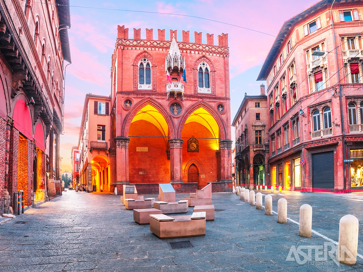 Het prachtige Palazzo della Mercanzia in gotische stijl bevindt zich op het gelijknamige plein, direct naast de Asinelli-torens