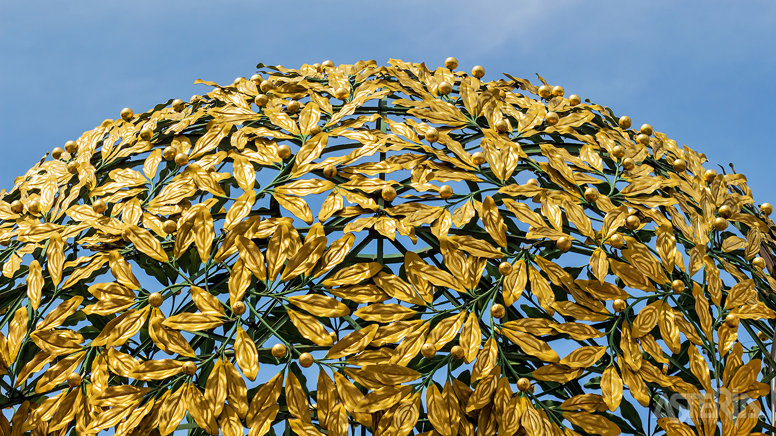 De koepel bestaat uit honderden vergulde laurierbladeren en laurierbessen en kreeg al snel de bijnaam 'de Gouden Kooi'
