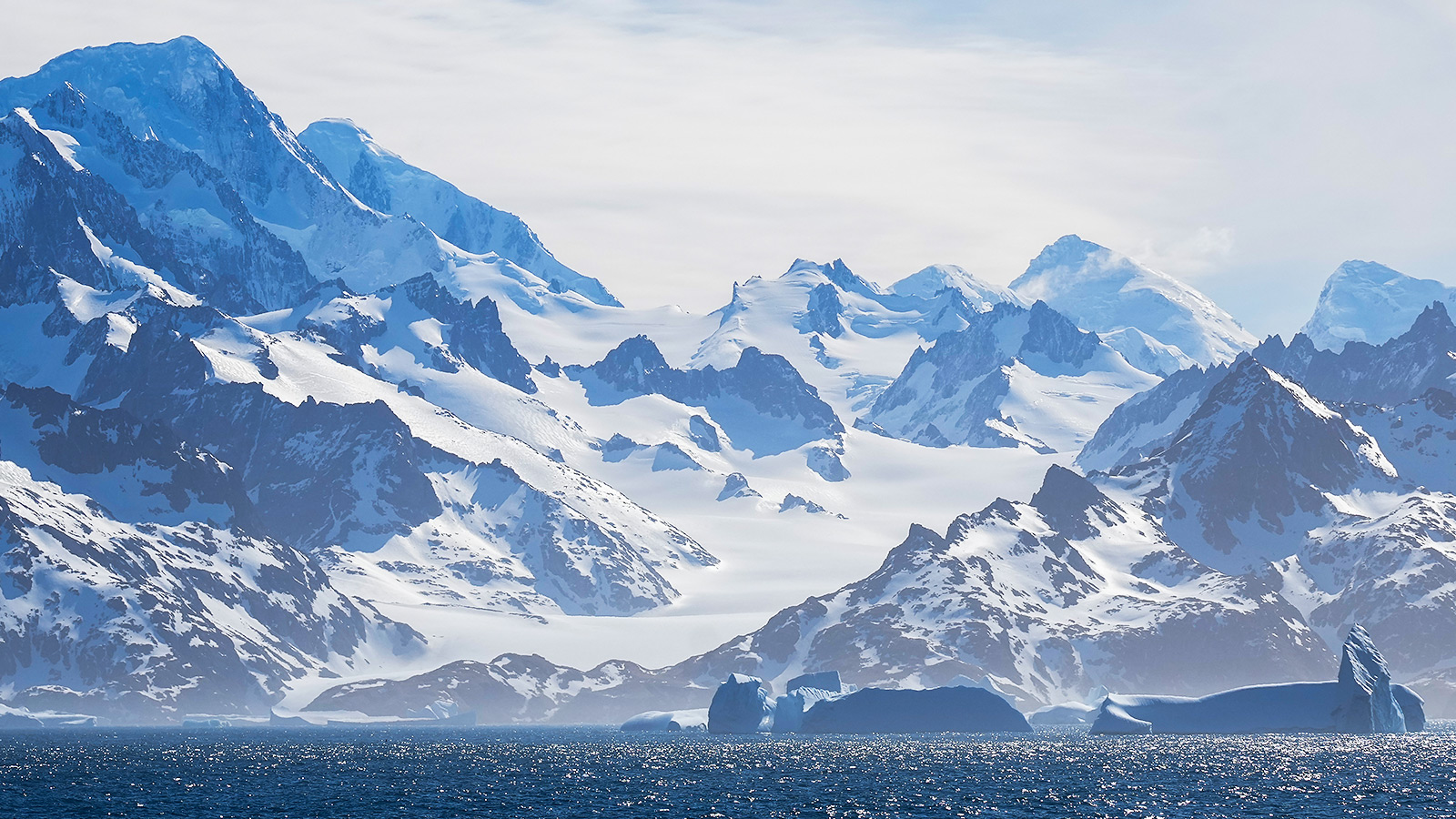 We varen voorbij een gracieuze blokkade van drijvende ijsbergen in Drygalski Fjord