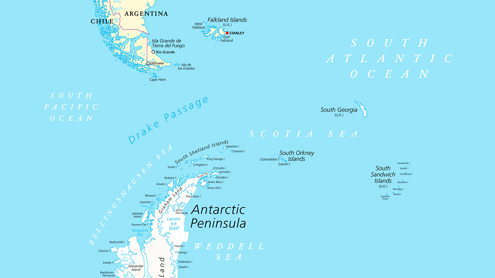 Alle wind- en waterstromen worden samengeperst in de smalle Drake Passage
