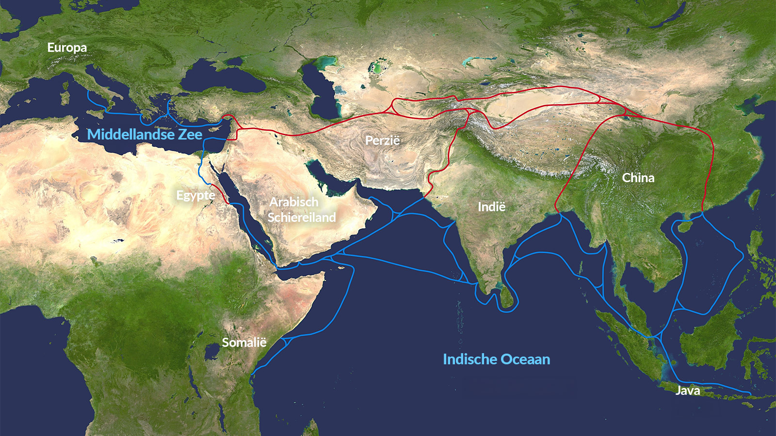De Zijderoute was een eeuwenoud, uitgestrekt netwerk van handelsroutes over land en zee dat China met het Middellandse Zeegebied verbond