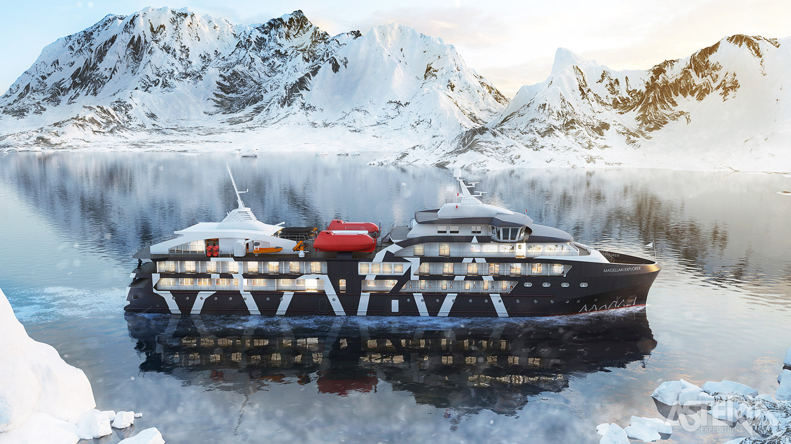 De kleine MV Magellan Explorer heeft een maximumcapaciteit van 73 passagiers over 36 kajuiten