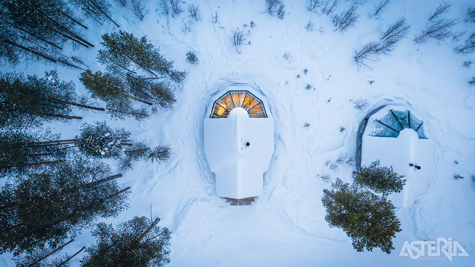 Het 180° glazen dak maakt dat je vanuit je bed de hemel en hopelijk het Noorderlicht kan zien