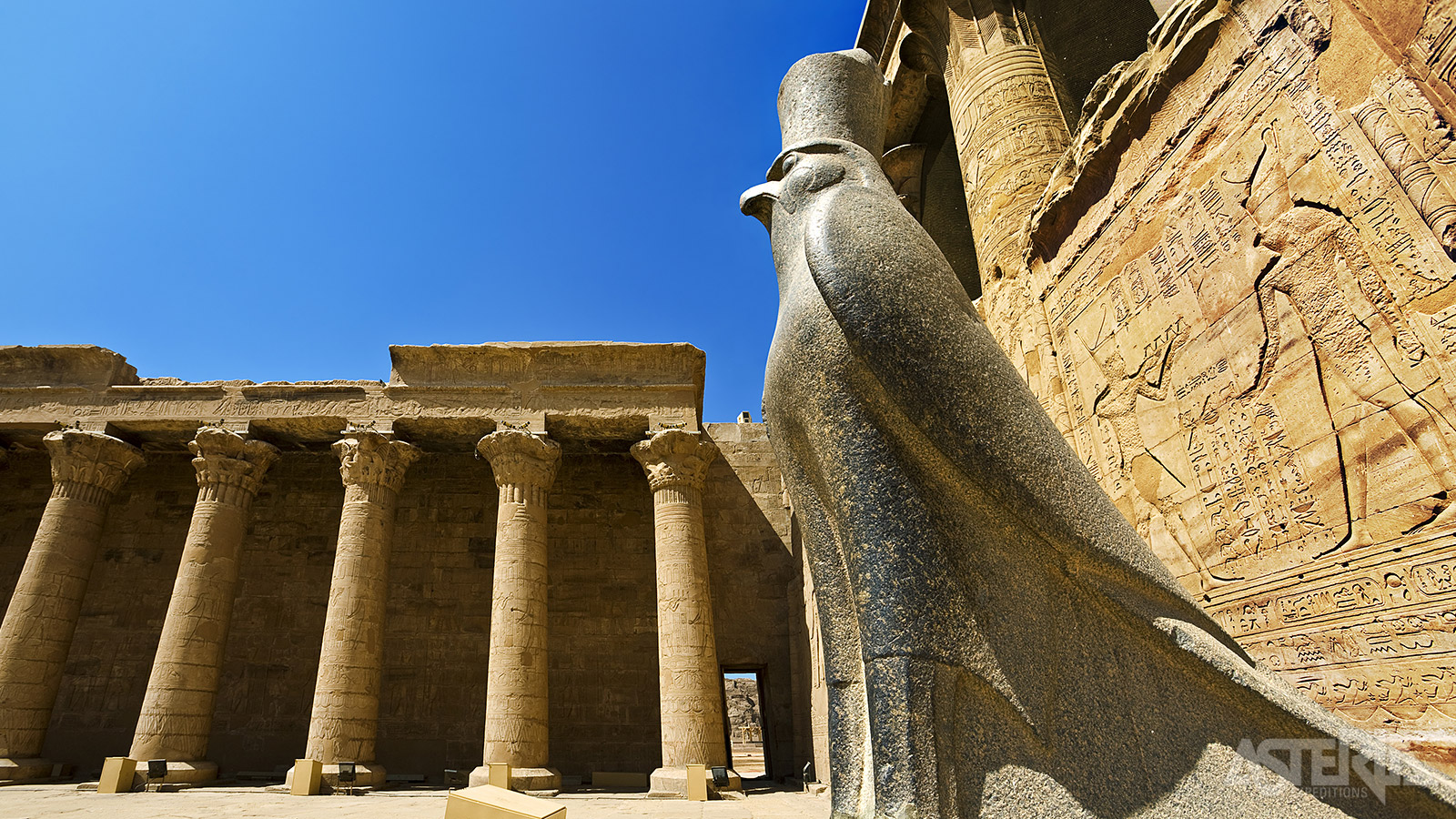 Bijzonder zijn de monumentale toegangspoort, de enorme reliëfs van farao’s en goden en de granieten beelden van Horus als valk