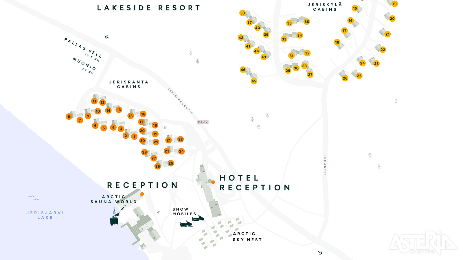 In het Jeris Lakeside Resort kan je naast een hotelkamer ook verblijven in een blokhut of Arctic Sky Nest