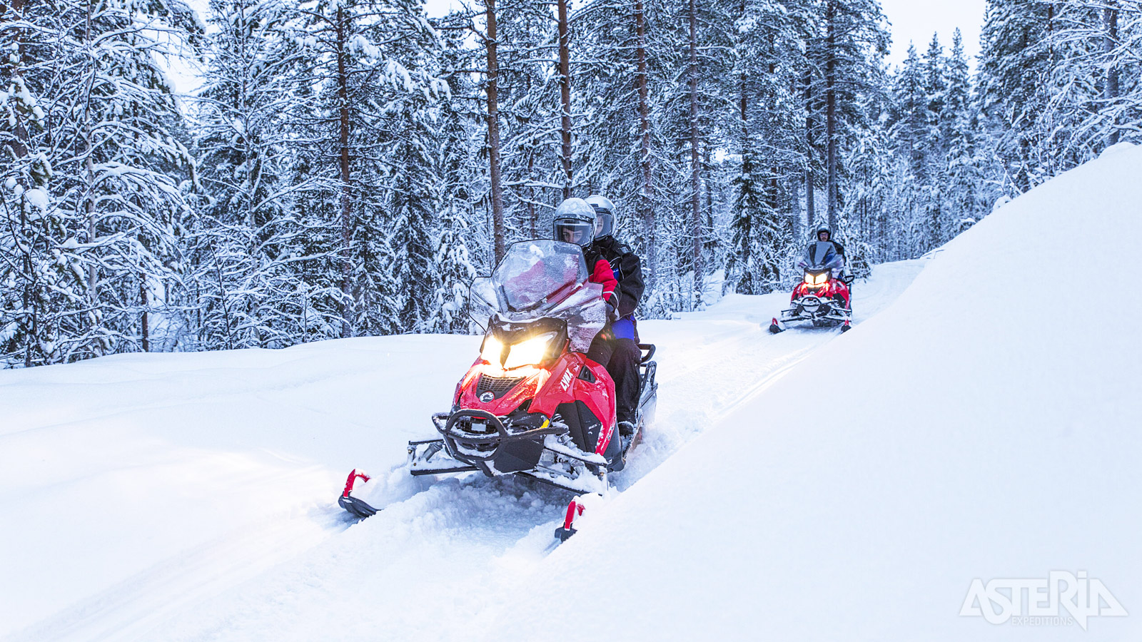 Voel de adrenaline stromen tijdens een sneeuwscootersafari door besneeuwde bossen