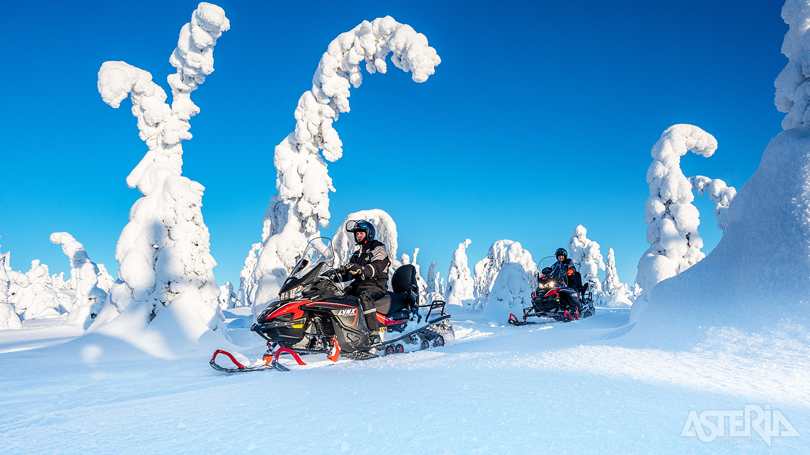 De sneeuwscooters staan klaar voor een adembenemende tocht door de besneeuwde landschappen van bossen, heuvels en meren