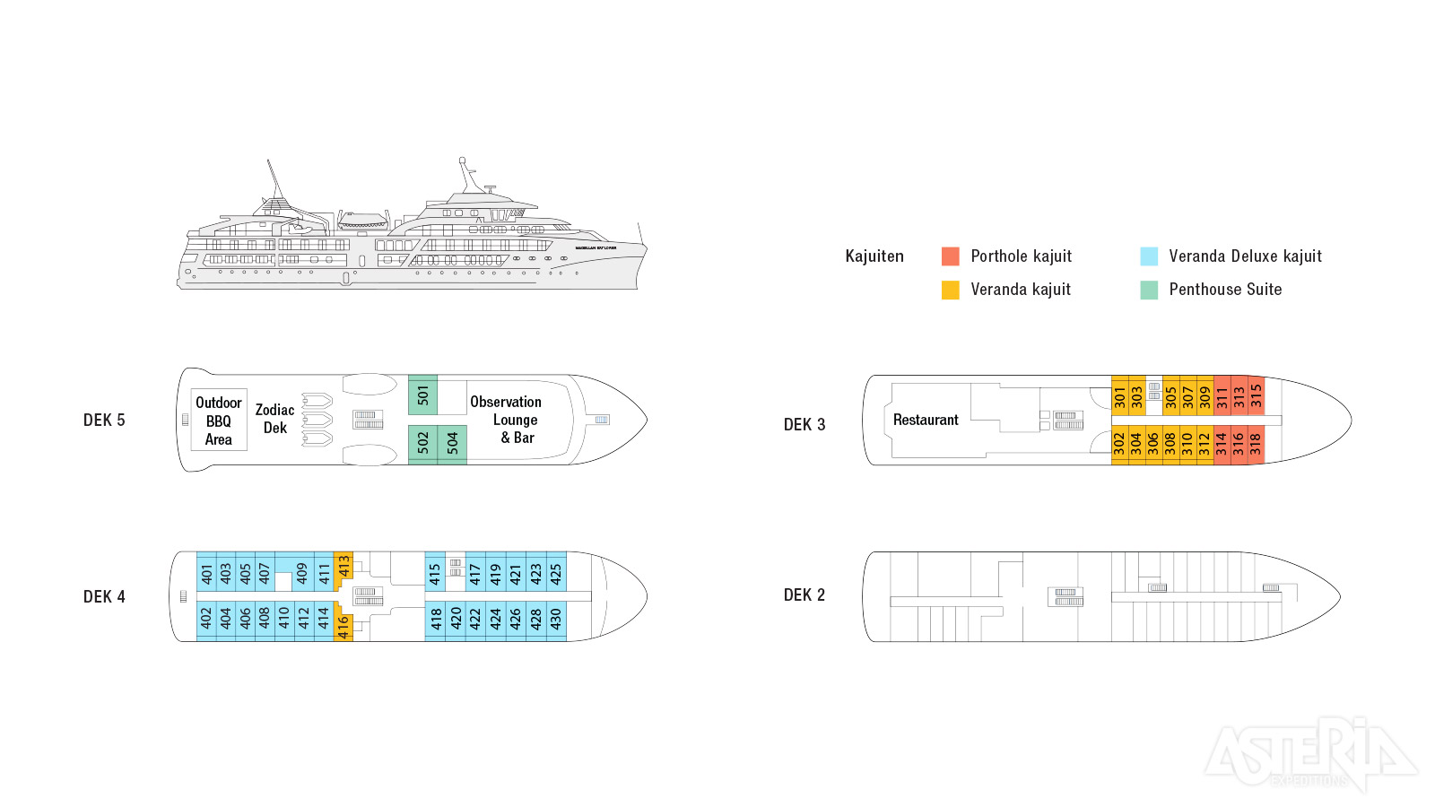 Aan boord biedt de MV Magellan Explorer keuze uit 48 kajuiten voor maximaal 96 passagiers