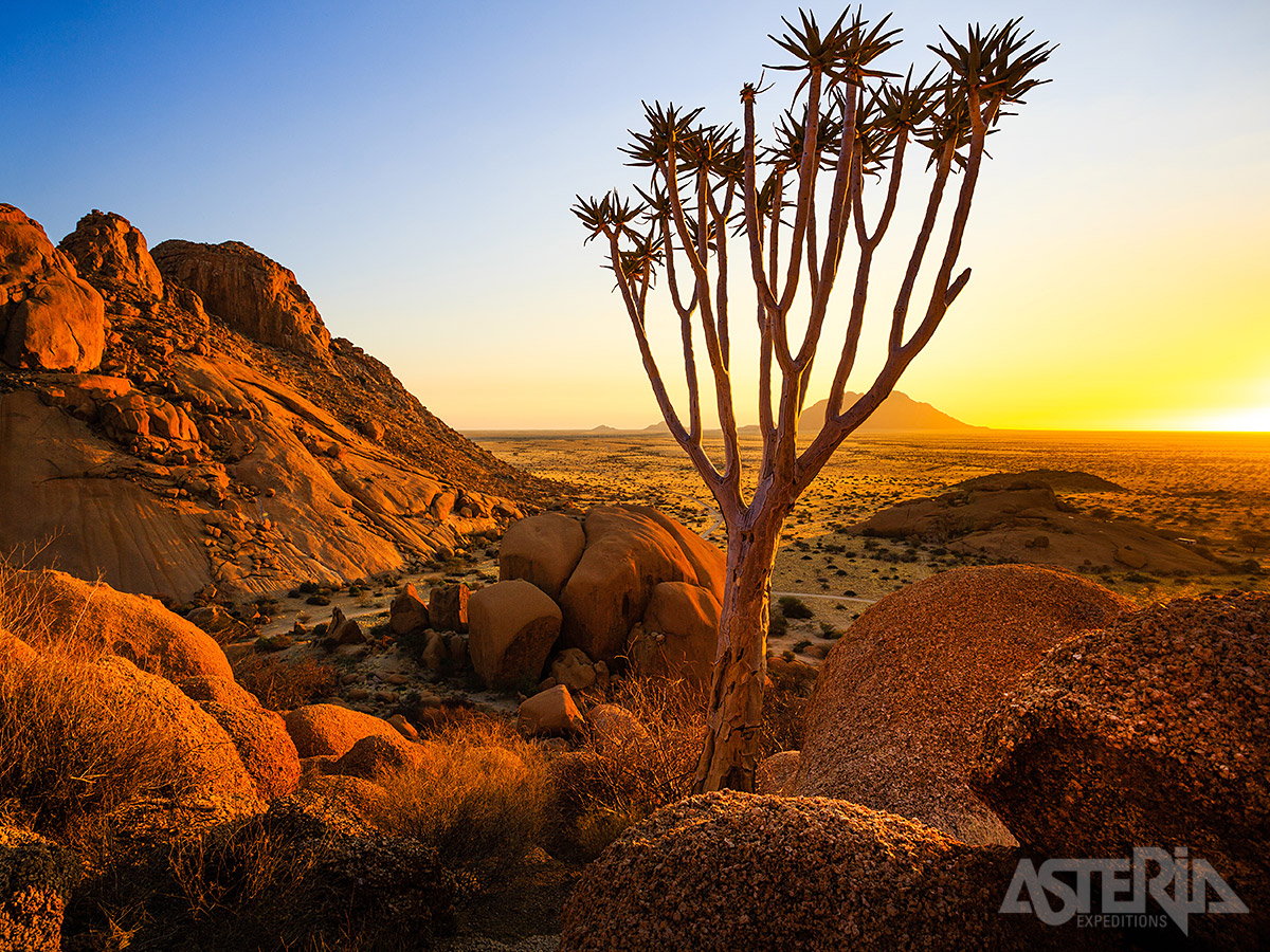 Damaraland biedt een landschap met droge rivierbeddingen, rotsheuvels, uitgestrekte vlakten en indrukwekkende bergen