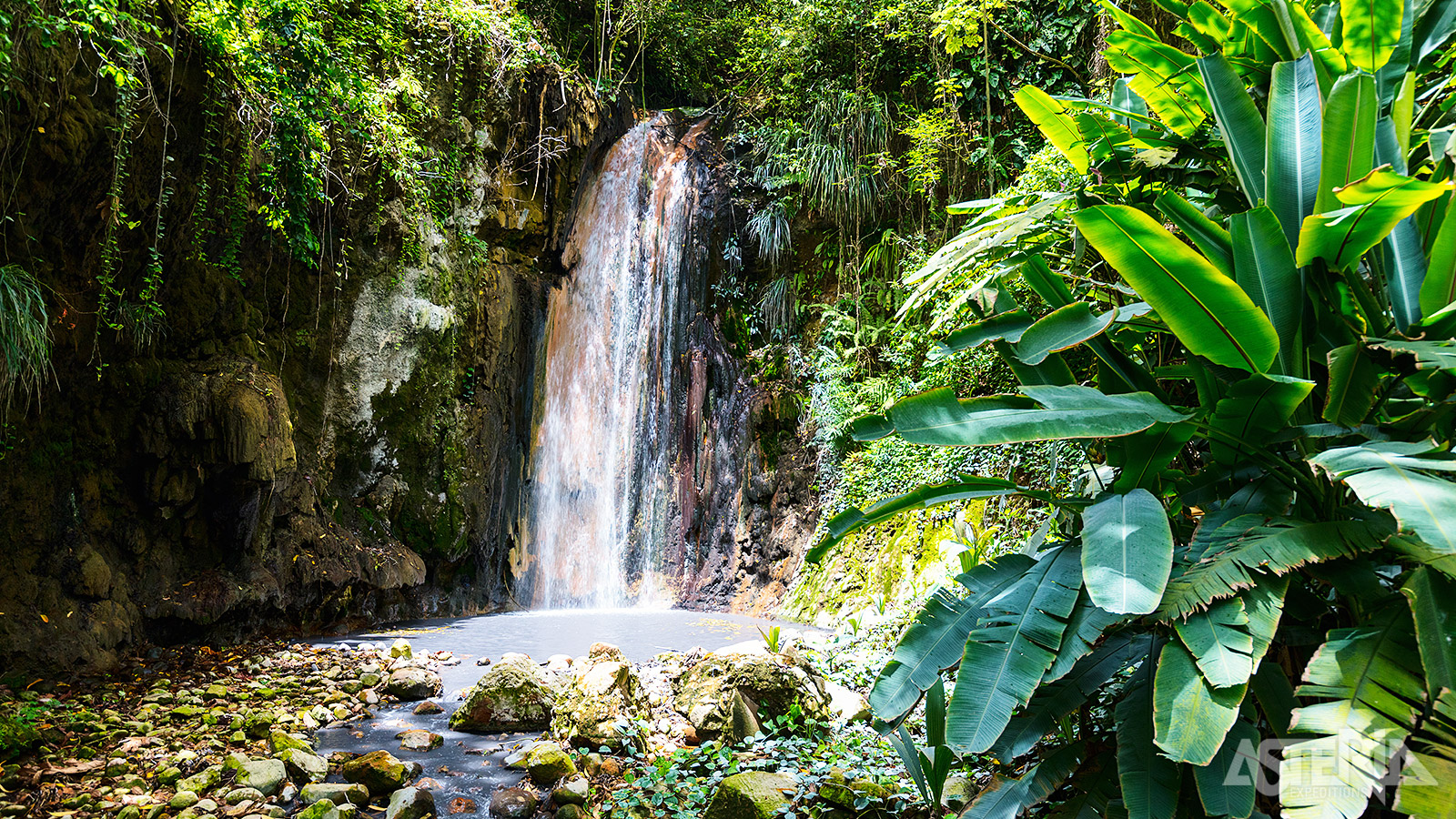 Het water en de rotsen van Diamond Falls op St. Lucia veranderen continu van kleur, afhankelijk van het mineraalgehalte